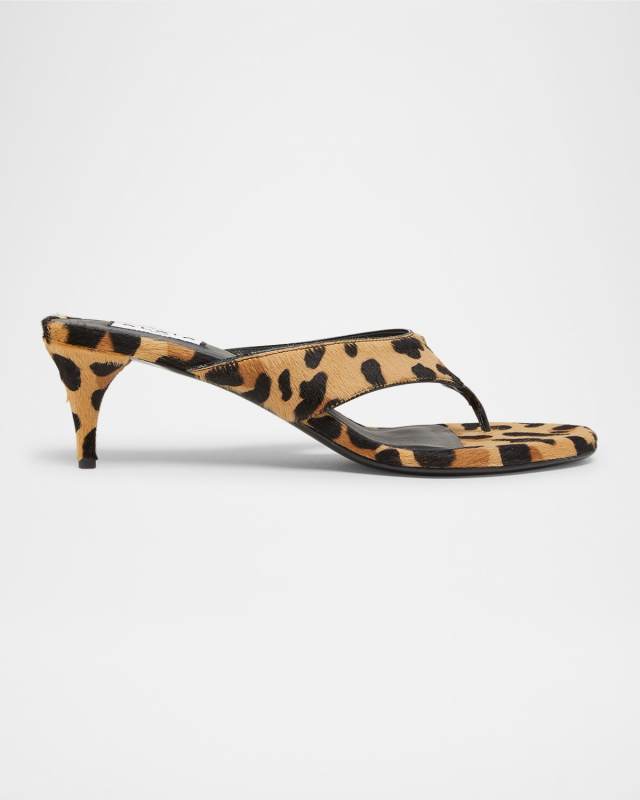 Leopard Horse Hair Kitten-Heel Thong Sandals